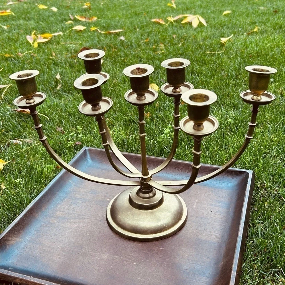 Vintage Solid Brass Mid Century Candelabra | Menorah 7 Arm Candle Holder
